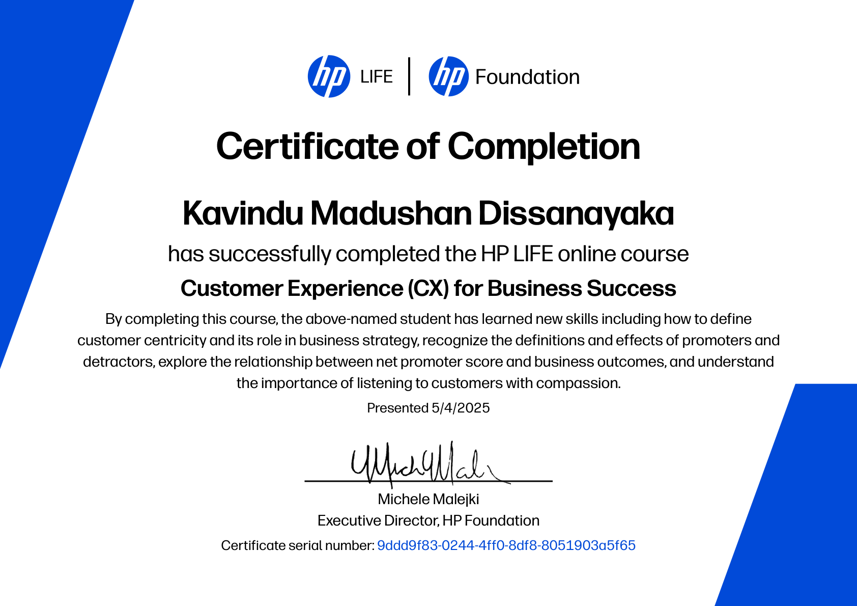 HP LIFE Customer Experience Certificate
